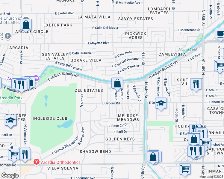 map of restaurants, bars, coffee shops, grocery stores, and more near 6157 East Indian School Road in Scottsdale