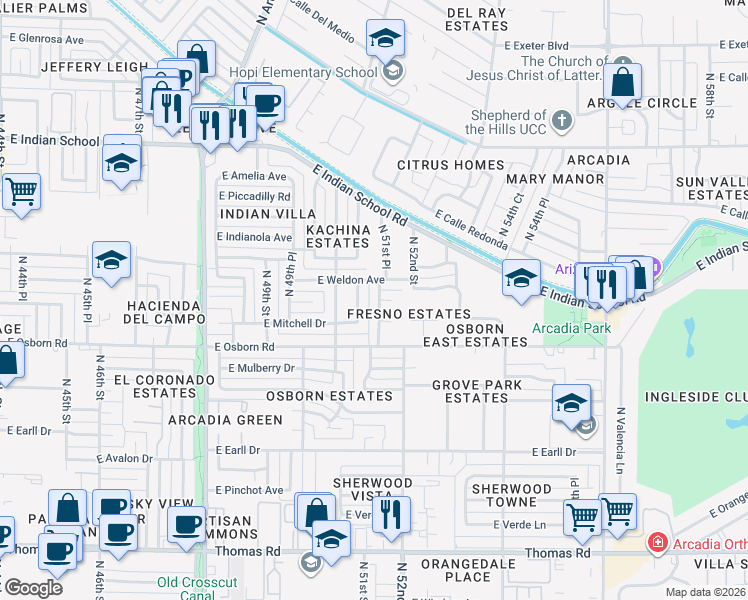 map of restaurants, bars, coffee shops, grocery stores, and more near 5127 East Whitton Avenue in Phoenix