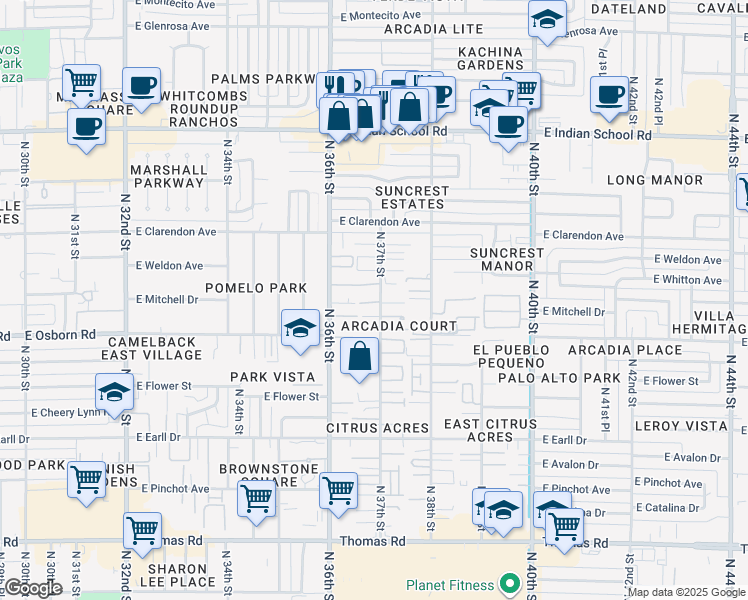 map of restaurants, bars, coffee shops, grocery stores, and more near 3432 North 37th Street in Phoenix