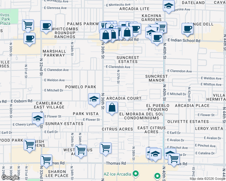 map of restaurants, bars, coffee shops, grocery stores, and more near 3439 North 36th Street in Phoenix