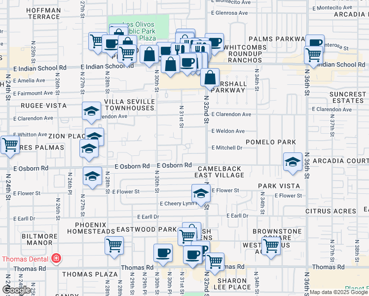 map of restaurants, bars, coffee shops, grocery stores, and more near 3431 North 31st Street in Phoenix