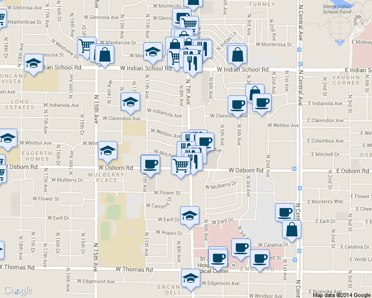 map of restaurants, bars, coffee shops, grocery stores, and more near 3437 North 7th Avenue in Phoenix
