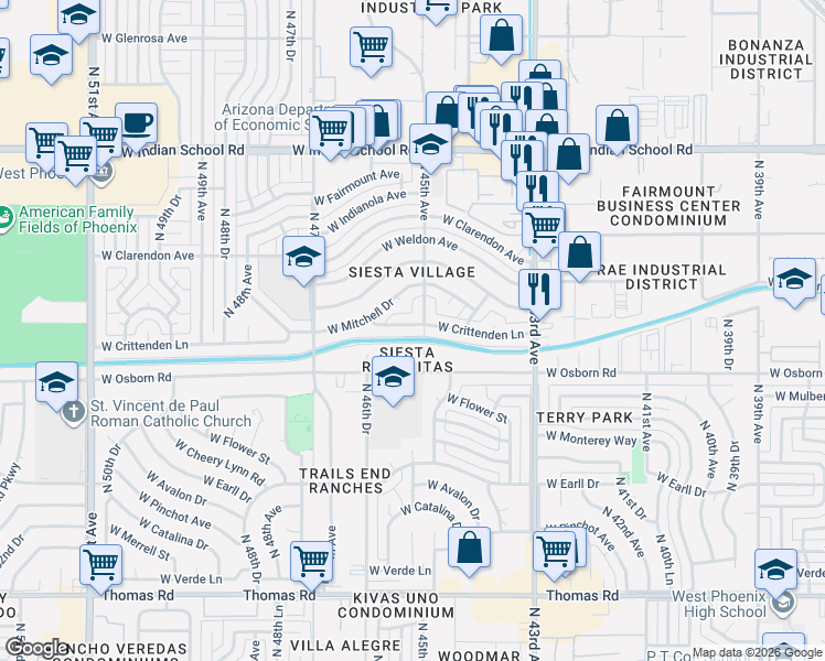 map of restaurants, bars, coffee shops, grocery stores, and more near 4511 West Crittenden Lane in Phoenix