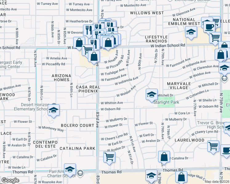 map of restaurants, bars, coffee shops, grocery stores, and more near 8213 West Clarendon Avenue in Phoenix