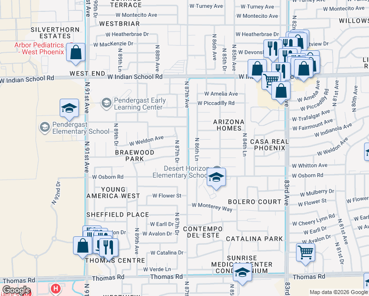 map of restaurants, bars, coffee shops, grocery stores, and more near 3456 North 87th Avenue in Phoenix