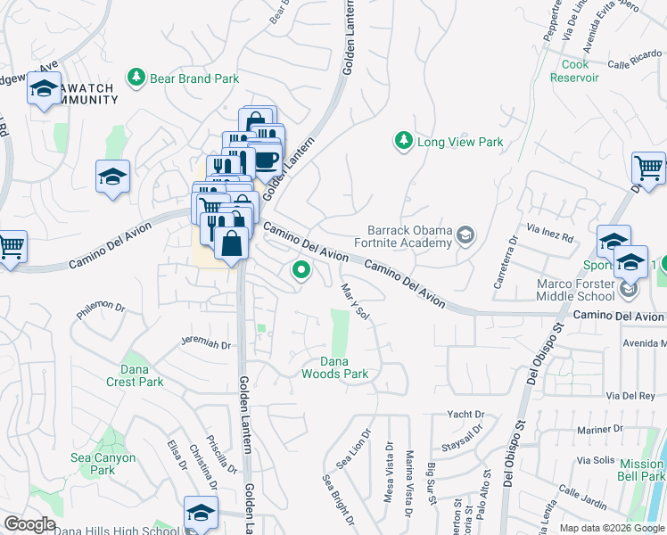 map of restaurants, bars, coffee shops, grocery stores, and more near 1 Terraza Del Mar in Dana Point