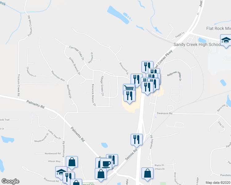 map of restaurants, bars, coffee shops, grocery stores, and more near 110 Village Green Circle in Tyrone