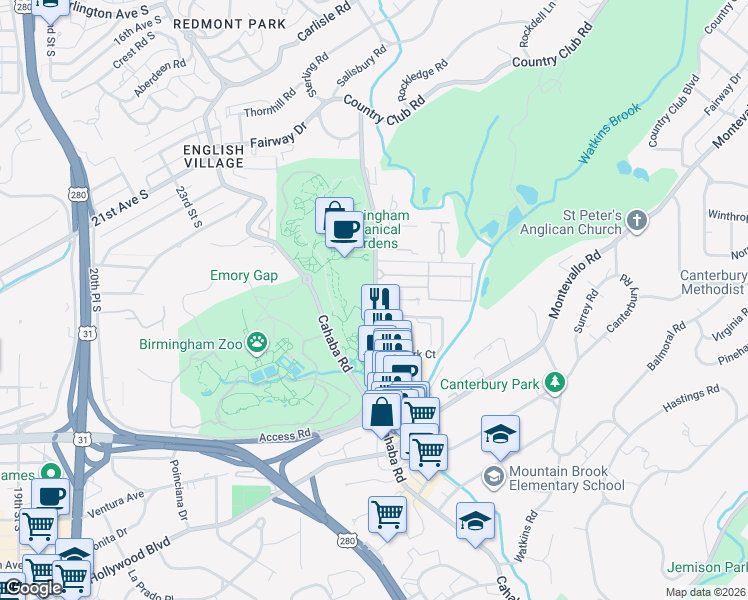 map of restaurants, bars, coffee shops, grocery stores, and more near 2612 Lane Park Road in Birmingham