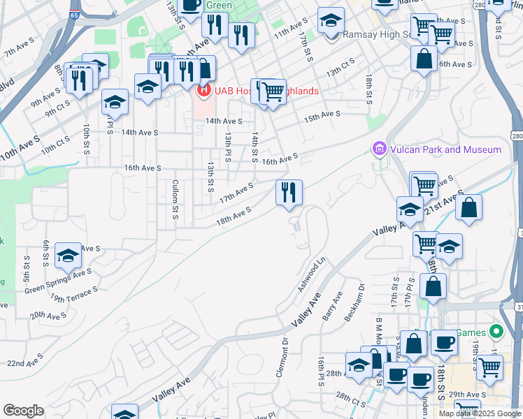 map of restaurants, bars, coffee shops, grocery stores, and more near 1337 18th Avenue South in Birmingham
