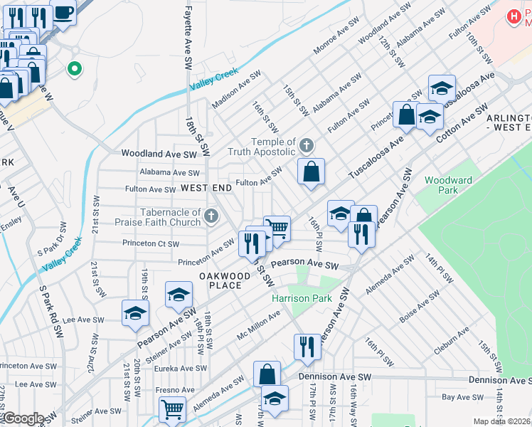 map of restaurants, bars, coffee shops, grocery stores, and more near 544 16th Way Southwest in Birmingham
