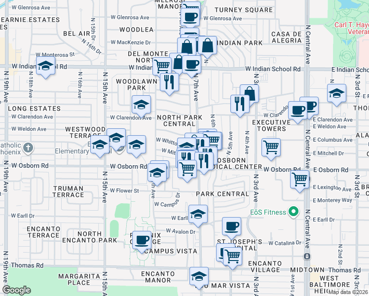 map of restaurants, bars, coffee shops, grocery stores, and more near 811 West Whitton Avenue in Phoenix