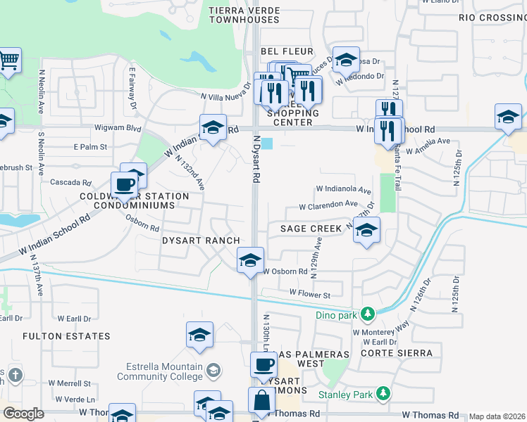 map of restaurants, bars, coffee shops, grocery stores, and more near 3534 North 130th Drive in Avondale