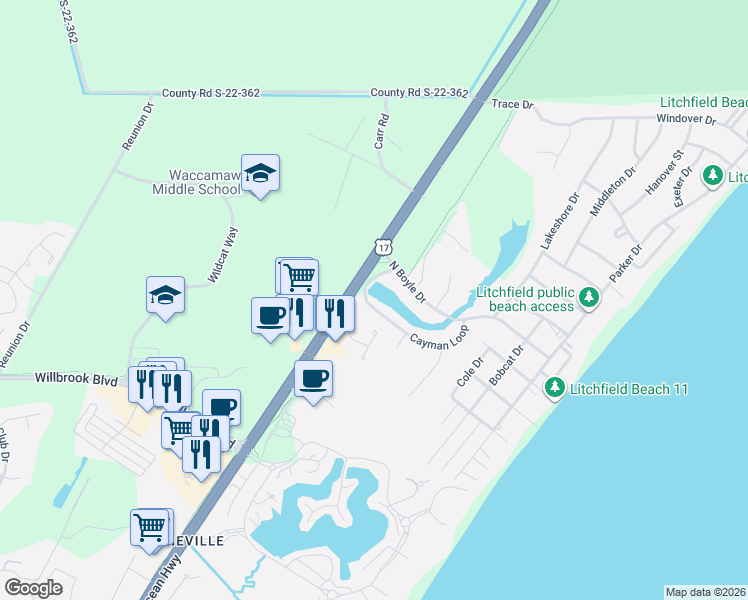 map of restaurants, bars, coffee shops, grocery stores, and more near 165 Cayman Loop in Pawleys Island