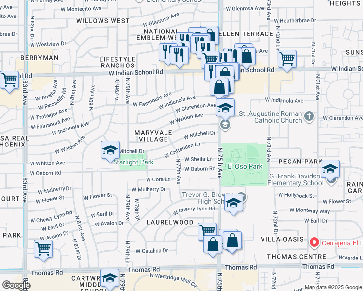 map of restaurants, bars, coffee shops, grocery stores, and more near 7636 W Crittenden Ln in Phoenix