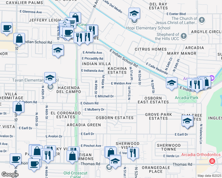 map of restaurants, bars, coffee shops, grocery stores, and more near 4962 East Whitton Avenue in Phoenix