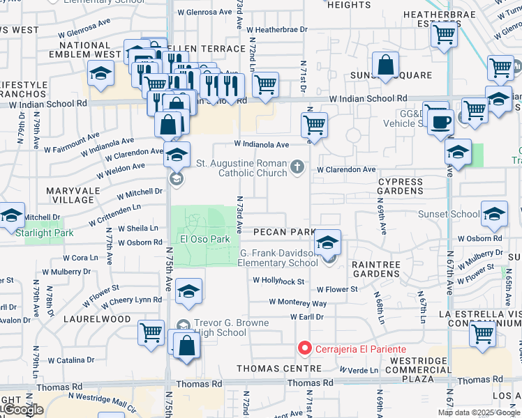 map of restaurants, bars, coffee shops, grocery stores, and more near 7206 West Sunderland Avenue in Phoenix