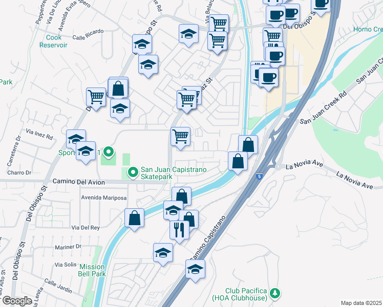 map of restaurants, bars, coffee shops, grocery stores, and more near 26282 Paseo Toscana in San Juan Capistrano
