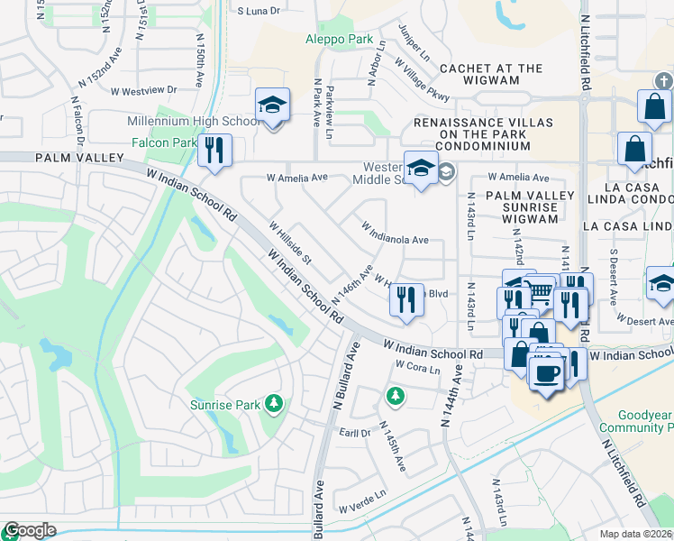 map of restaurants, bars, coffee shops, grocery stores, and more near 14627 West Columbus Avenue in Goodyear