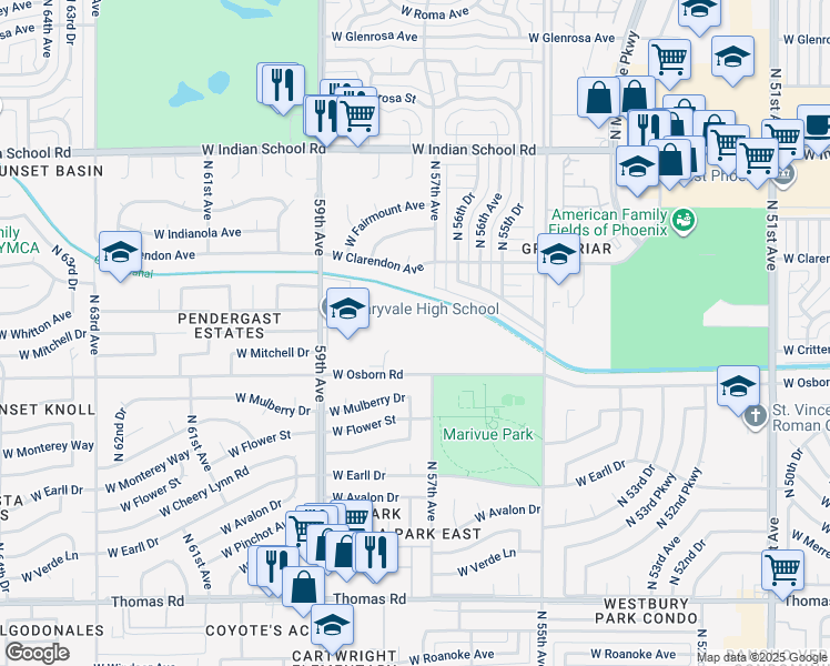 map of restaurants, bars, coffee shops, grocery stores, and more near 5740 West Osborn Road in Phoenix