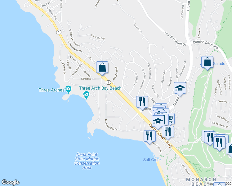 map of restaurants, bars, coffee shops, grocery stores, and more near 234 Monarch Bay Drive in Dana Point
