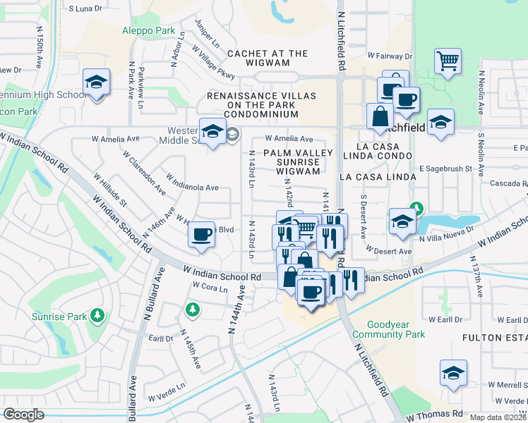 map of restaurants, bars, coffee shops, grocery stores, and more near 14300 West Weldon Avenue in Goodyear