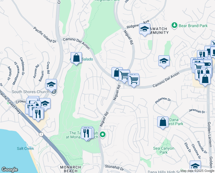 map of restaurants, bars, coffee shops, grocery stores, and more near 70 Corniche Drive in Dana Point