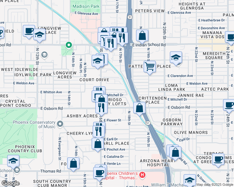 map of restaurants, bars, coffee shops, grocery stores, and more near 1648 East Mitchell Drive in Phoenix
