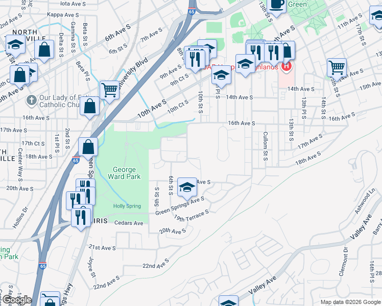 map of restaurants, bars, coffee shops, grocery stores, and more near 671 Idlewild Circle in Birmingham