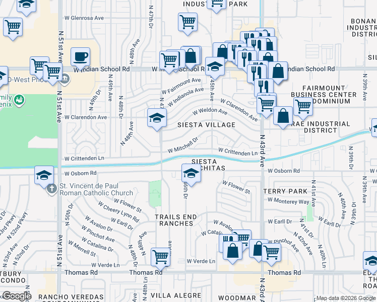 map of restaurants, bars, coffee shops, grocery stores, and more near 4547 West Crittenden Lane in Phoenix