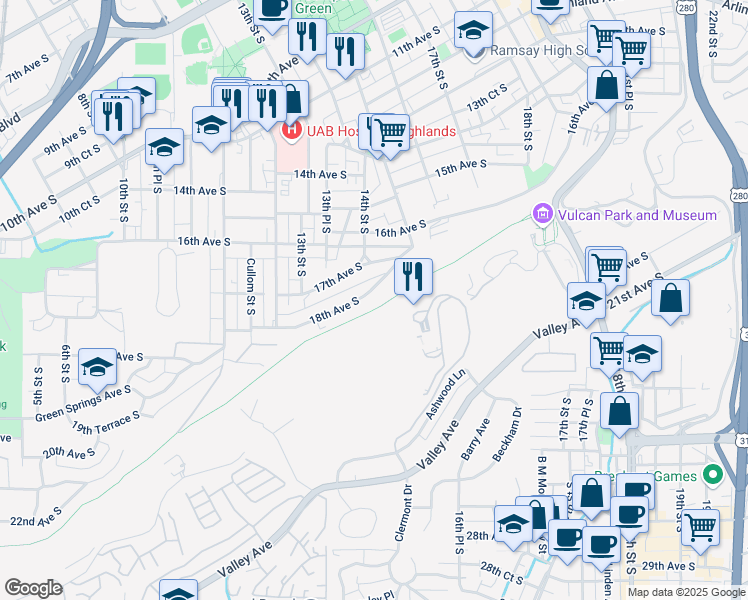map of restaurants, bars, coffee shops, grocery stores, and more near 1337 18th Avenue South in Birmingham