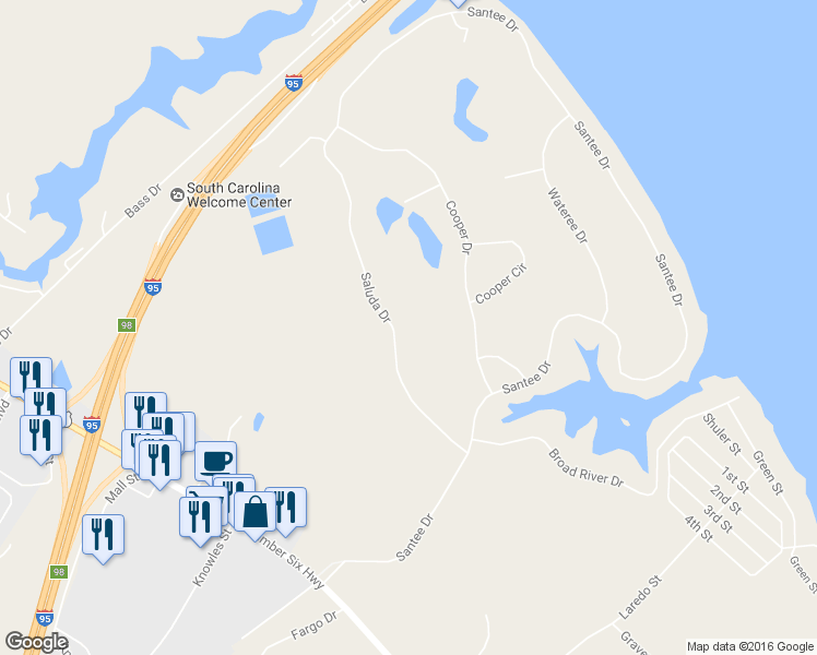 map of restaurants, bars, coffee shops, grocery stores, and more near 115 Saluda Drive in Santee