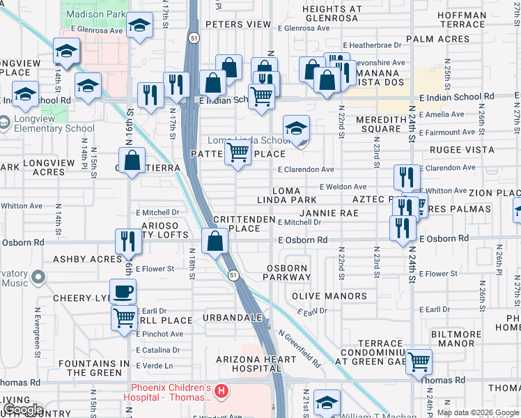 map of restaurants, bars, coffee shops, grocery stores, and more near 1937 East Whitton Avenue in Phoenix