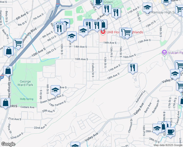 map of restaurants, bars, coffee shops, grocery stores, and more near 1705 Cullom Street South in Birmingham