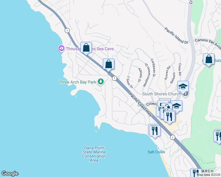 map of restaurants, bars, coffee shops, grocery stores, and more near 203 Monarch Bay Drive in Dana Point