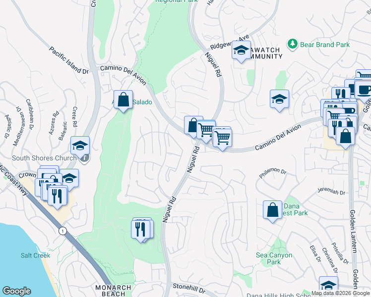 map of restaurants, bars, coffee shops, grocery stores, and more near 14 Corniche Drive in Dana Point