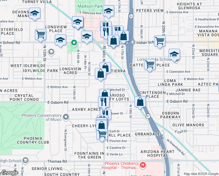 map of restaurants, bars, coffee shops, grocery stores, and more near 1614 East Mitchell Drive in Phoenix
