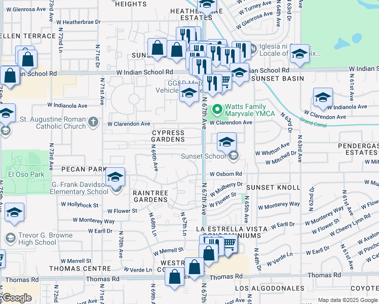 map of restaurants, bars, coffee shops, grocery stores, and more near 6738 W Crittenden Ln in Phoenix