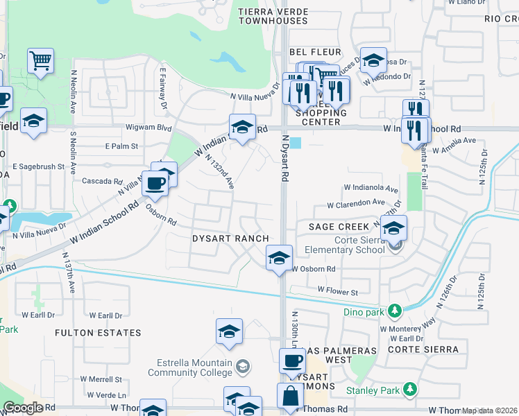 map of restaurants, bars, coffee shops, grocery stores, and more near 13125 West Fairmont Avenue in Litchfield Park