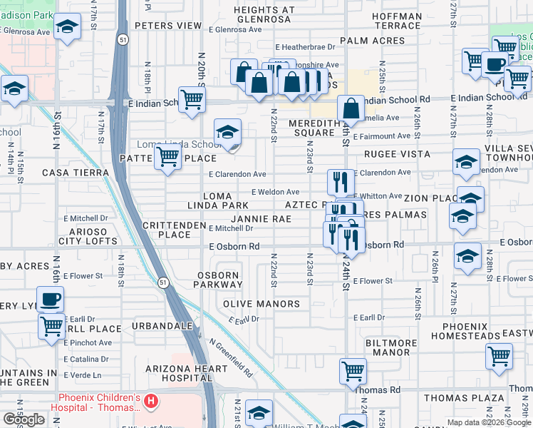 map of restaurants, bars, coffee shops, grocery stores, and more near 2139 East Whitton Avenue in Phoenix