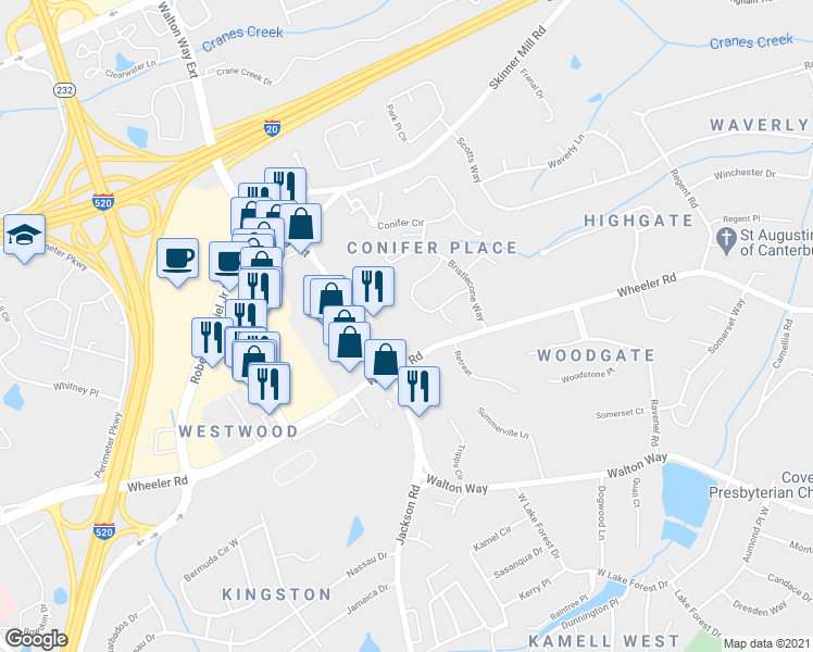 map of restaurants, bars, coffee shops, grocery stores, and more near 3493 Wheeler Road in Augusta