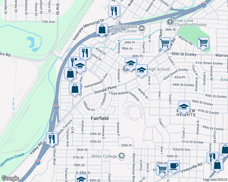 map of restaurants, bars, coffee shops, grocery stores, and more near 5009 Farrell Avenue in Fairfield