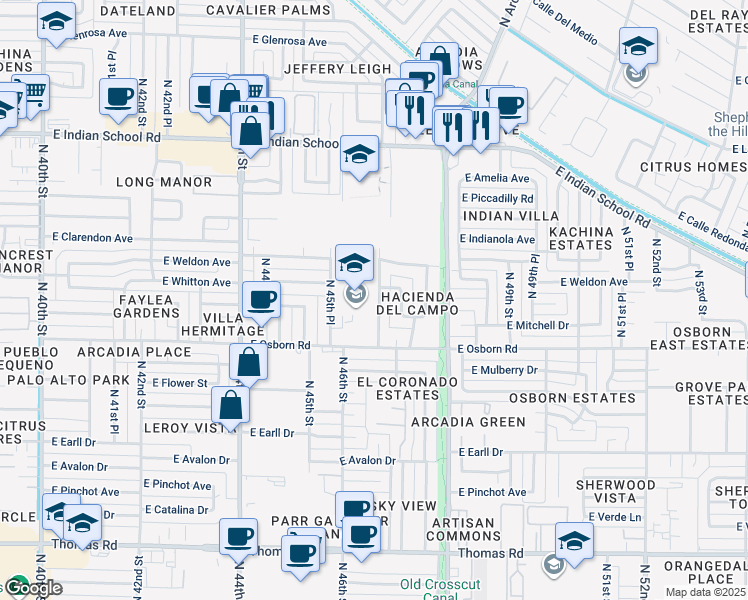 map of restaurants, bars, coffee shops, grocery stores, and more near 3438 North 47th Street in Phoenix