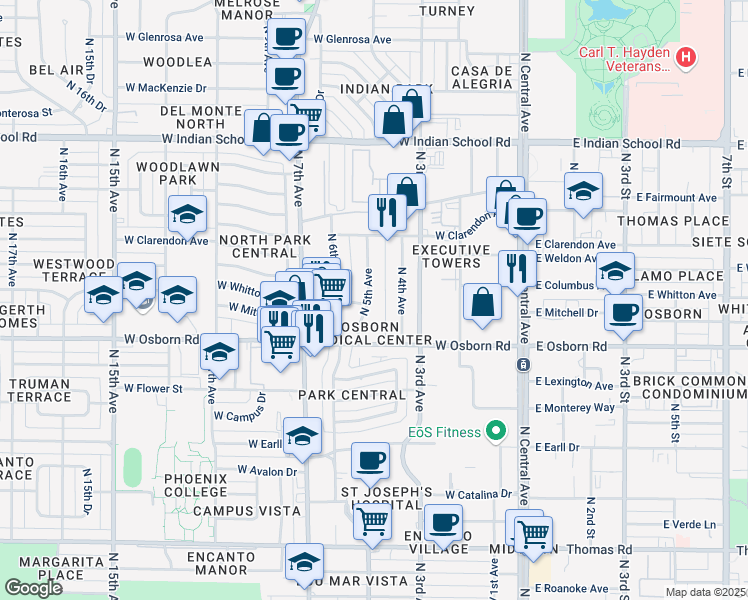 map of restaurants, bars, coffee shops, grocery stores, and more near 3601 North 5th Avenue in Phoenix