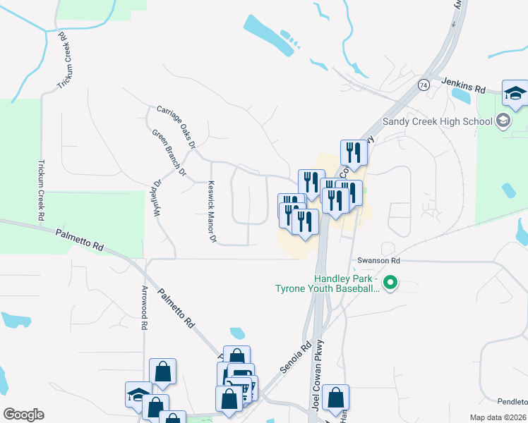 map of restaurants, bars, coffee shops, grocery stores, and more near 110 Village Green Circle in Tyrone