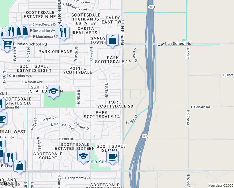 map of restaurants, bars, coffee shops, grocery stores, and more near 8732 East Whitton Avenue in Scottsdale