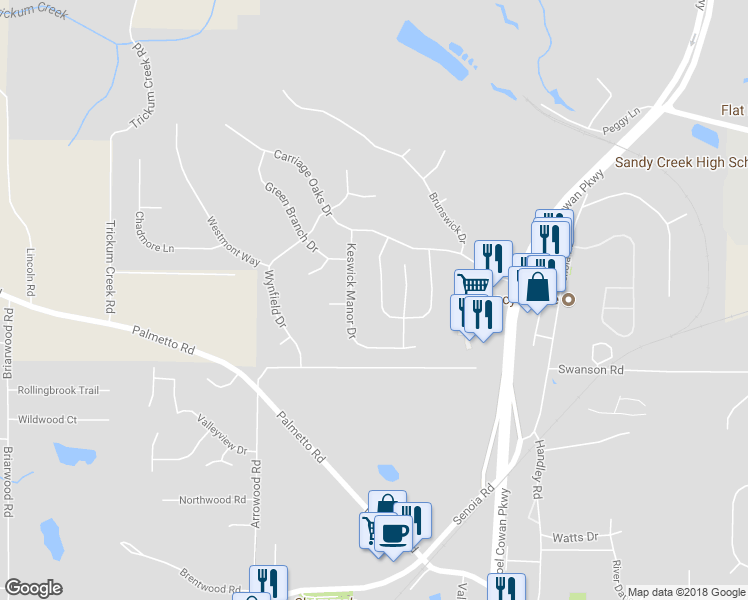 map of restaurants, bars, coffee shops, grocery stores, and more near 137 Village Green Circle in Tyrone