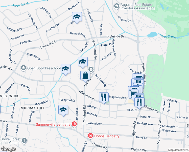 map of restaurants, bars, coffee shops, grocery stores, and more near 503 Boy Scout Road in Augusta