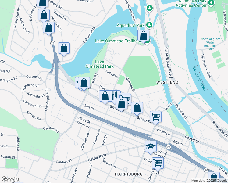map of restaurants, bars, coffee shops, grocery stores, and more near 2066 Edgar Street in Augusta