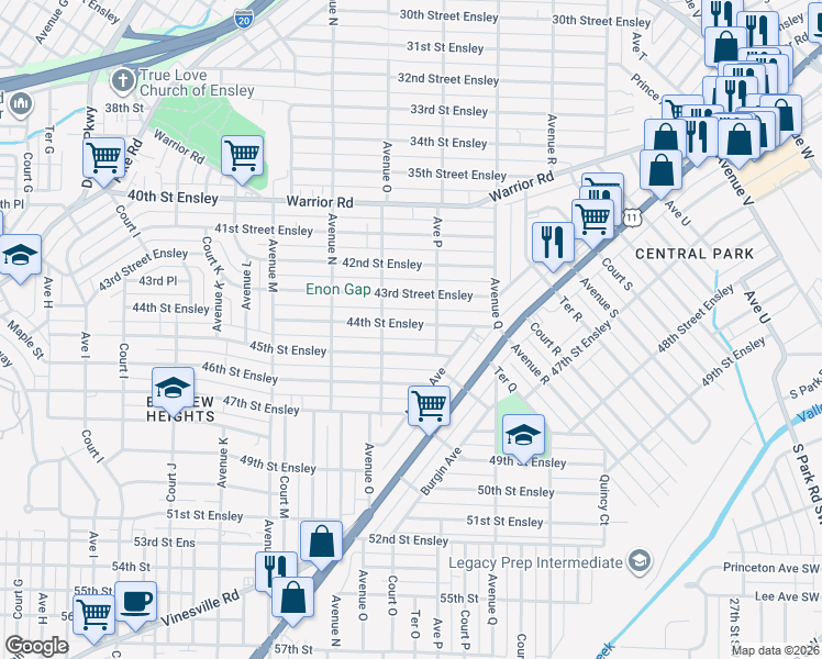 map of restaurants, bars, coffee shops, grocery stores, and more near 1535 44th Street Ensley in Birmingham