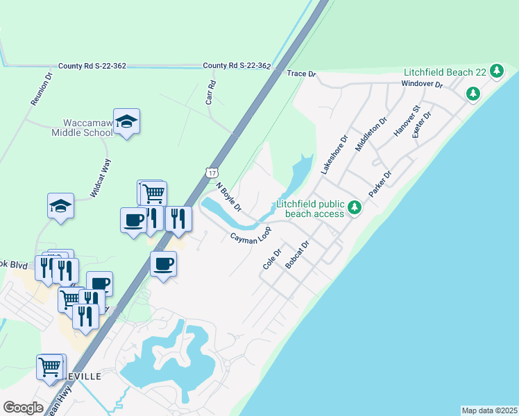 map of restaurants, bars, coffee shops, grocery stores, and more near 44 Starboard Court in Pawleys Island